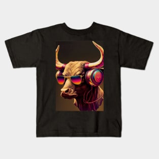 Psychedelic bull with sunglasses and headphones Kids T-Shirt